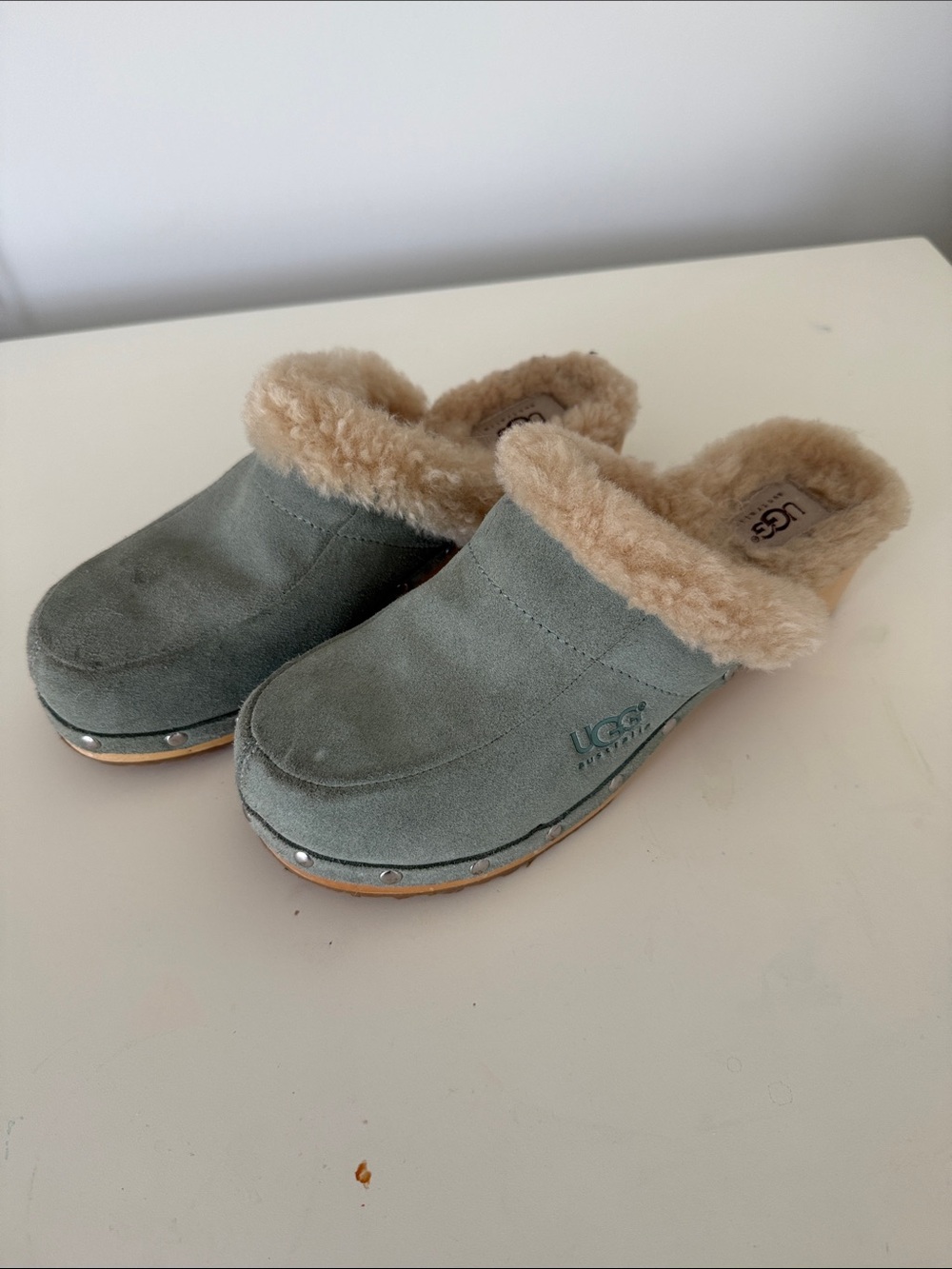 UGG Women's Suede Shearling Clog in Sage Green